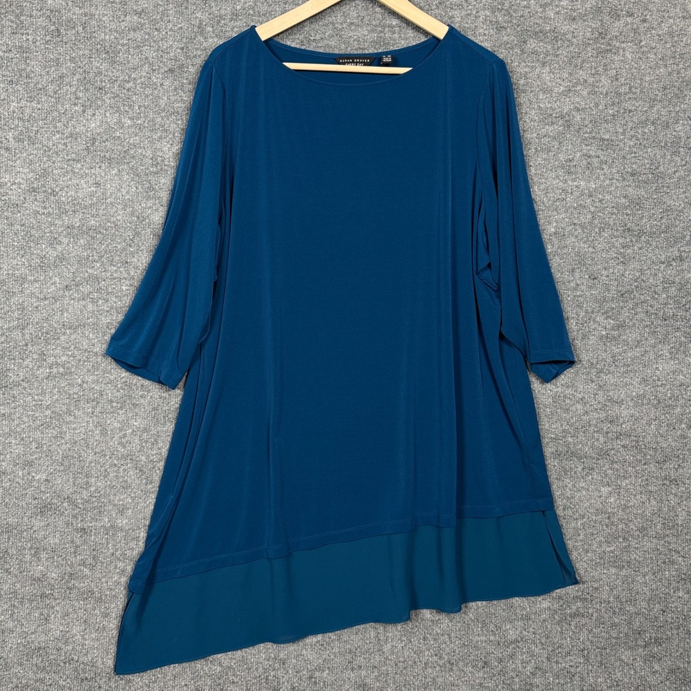 Susan‎ Graver Everyday Plus Size 2X Tunic Top Teal Asymmetrical Hem Lagenlook